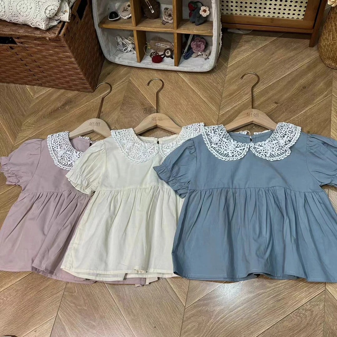 〖姐姐家〗2025夏款儿童蕾丝翻领娃娃衫泡泡袖打褶上衣衬衫zx24609