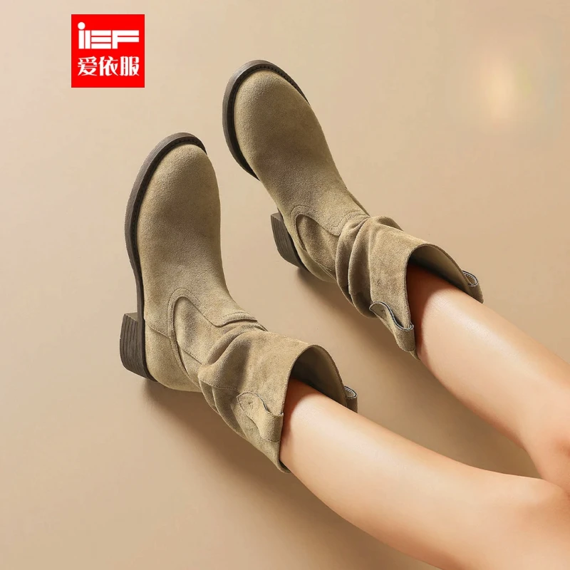 IEF/爱依服西部骑士靴复古圆头堆堆靴2025秋季新款粗跟中筒马丁靴