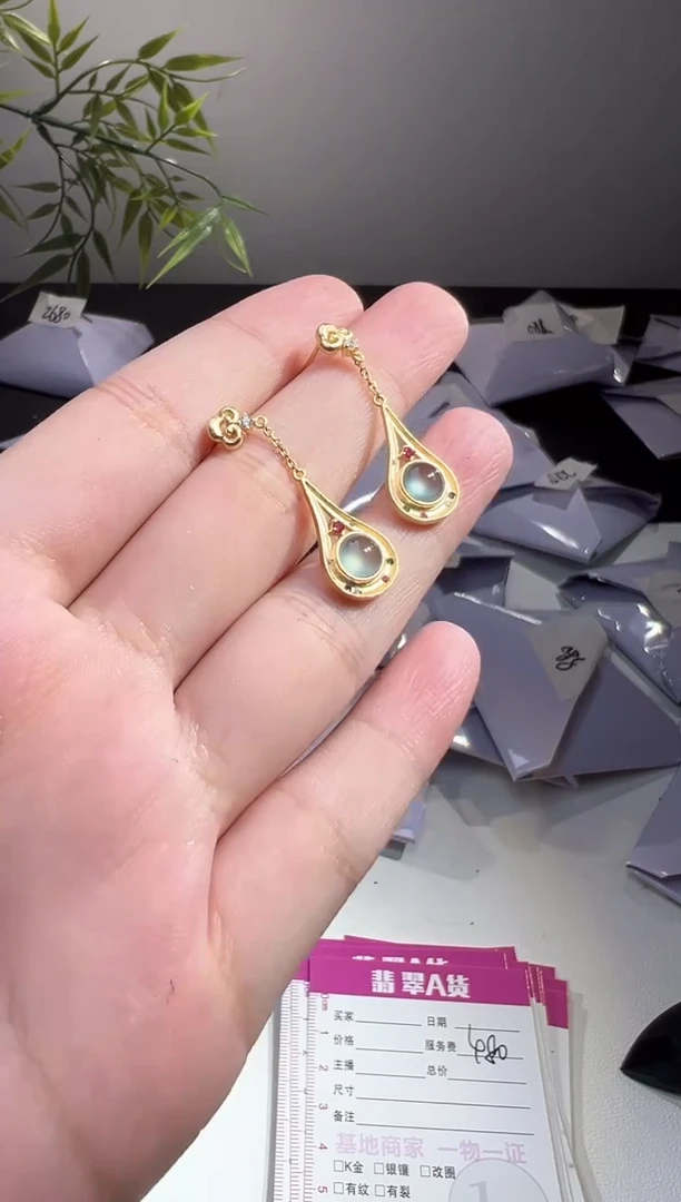 翡翠银S925镀金镶嵌耳饰耳钉