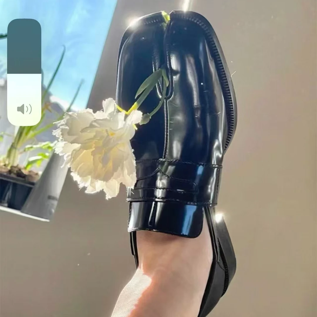 6010-1方头低跟休闲素面一脚蹬英伦皮鞋设计师黑色日奢风