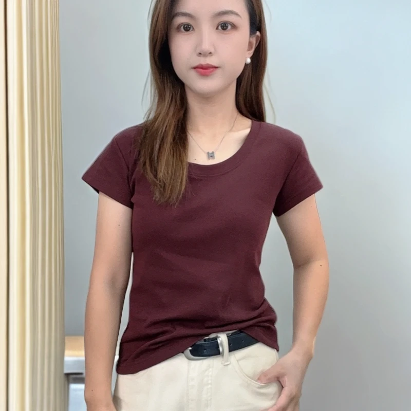 92棉U领短袖T恤女2025夏季新款纯色韩版上衣小衫显瘦针织简约