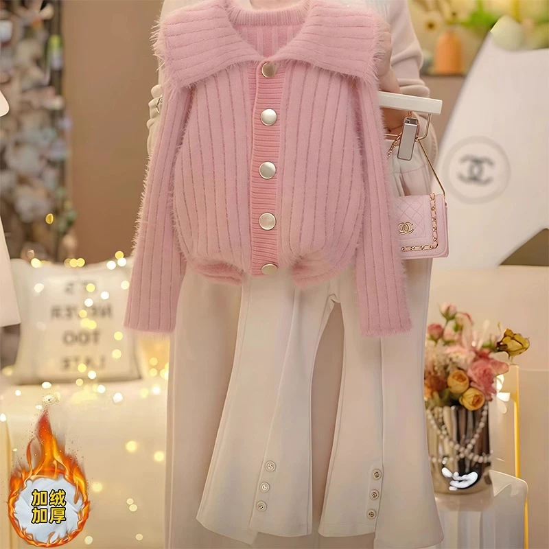 女童套装毛衣加绒条绒喇叭裤2025秋冬加厚甜美针织开衫外套两件套