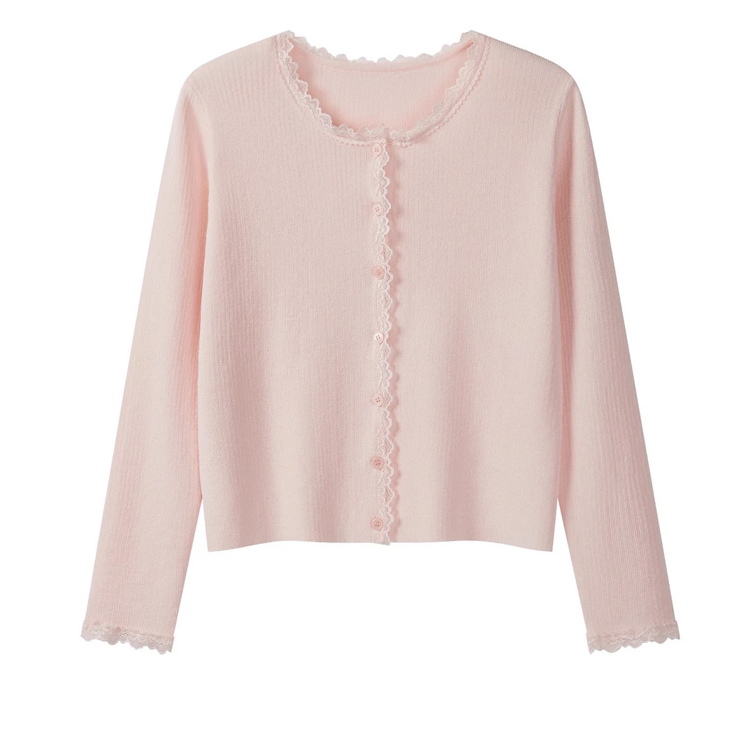 羊城故事-粉色蕾丝花边圆领长袖针织衫女甜美时尚开衫Y50752173