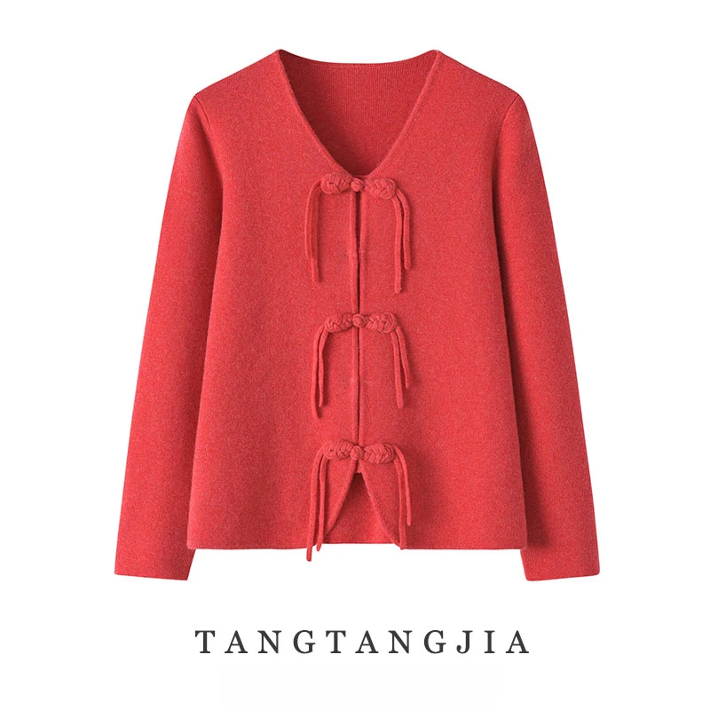 新中式盘扣羊绒羊毛开衫V领宽松加厚长袖纯色外套红色喜庆妈妈衫