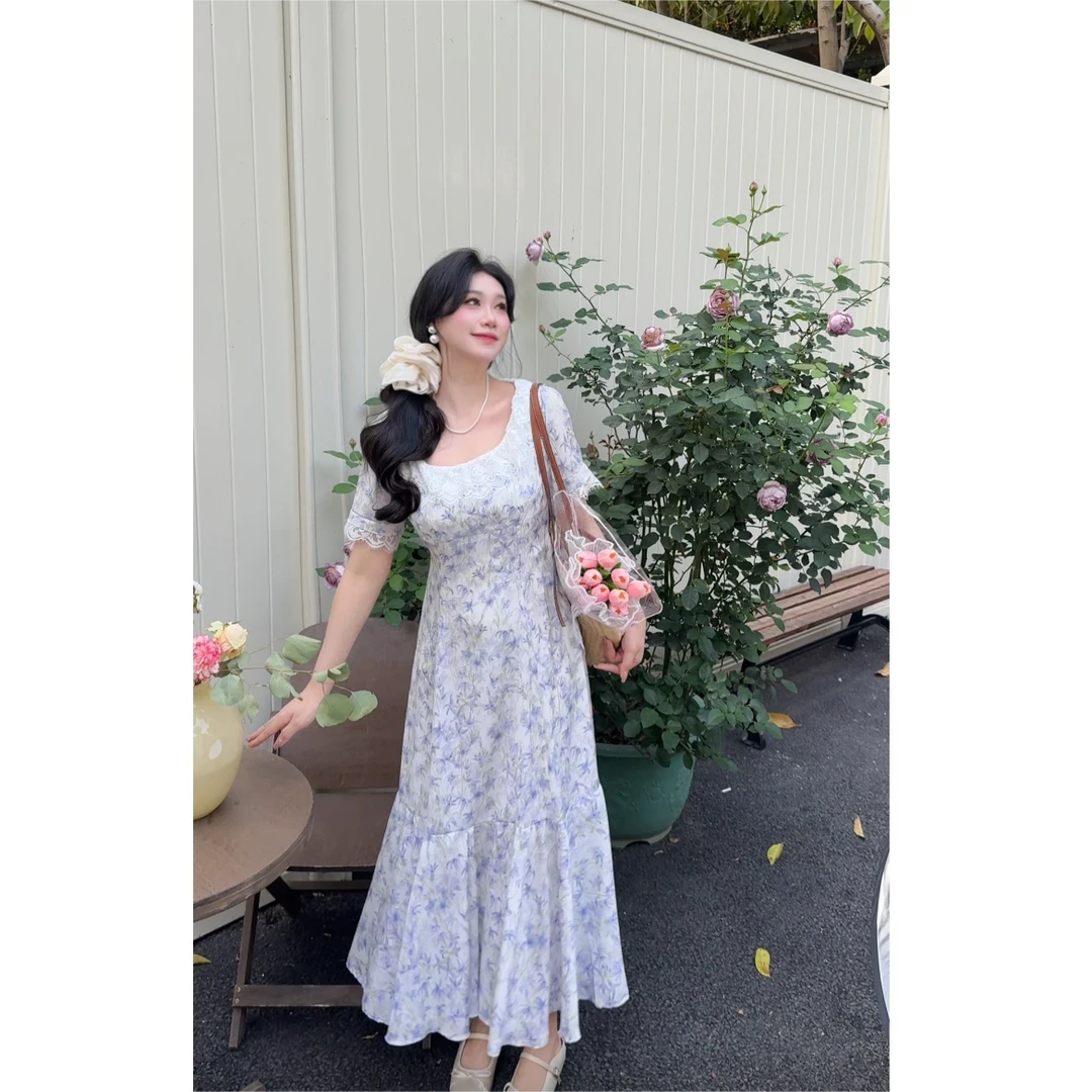 【薰衣草】温柔休闲法式紫色碎花雪纺蕾丝花边圆领长款度假连衣裙