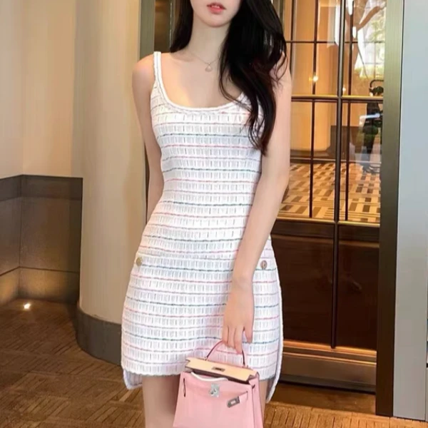 99新 Chanel/香奈儿 40码22S白底彩色前短后长吊带连衣裙