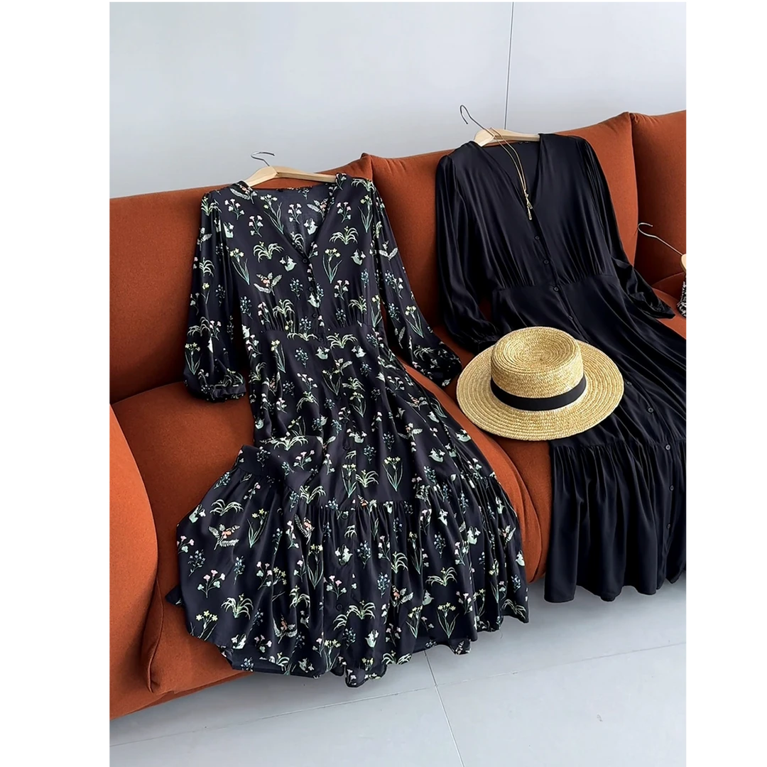 凉感印花收腰V领排扣连衣裙显瘦时尚七分袖裙子春秋天必备