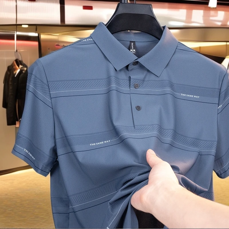 凉感短袖POLO衫爸爸夏装宽松休闲条纹上衣翻领t恤中老年半袖polo