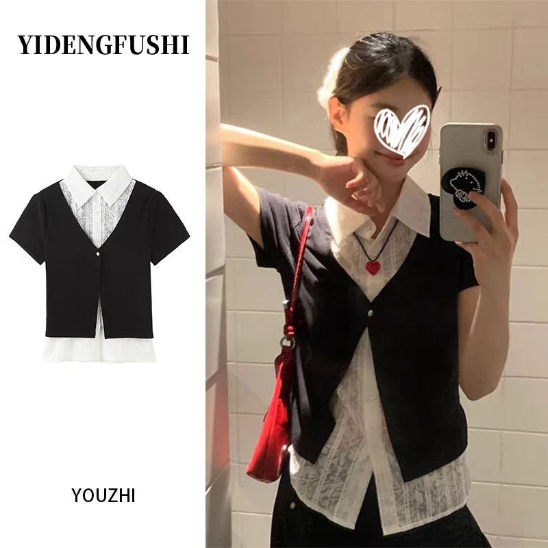 黑色polo领短袖T恤女2025夏季新款小众假两件叠穿辣妹潮流上衣