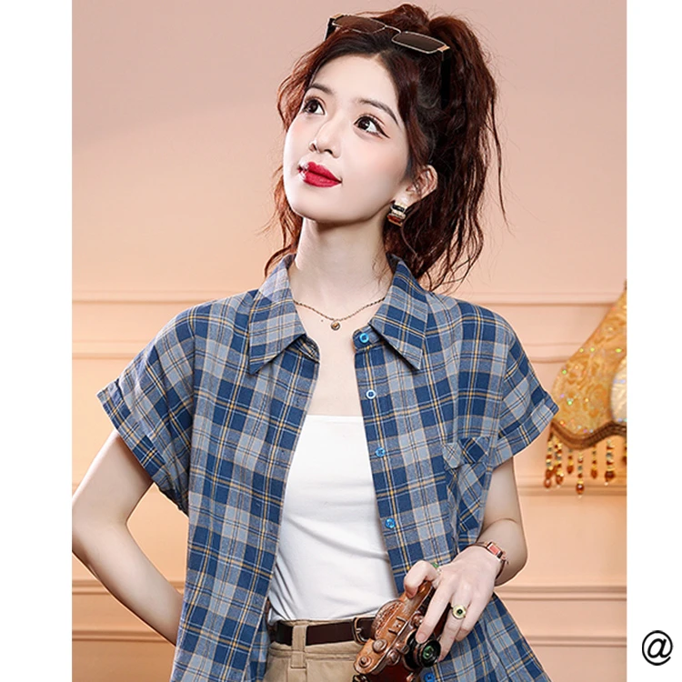 2025宽松开门襟夏季单排多扣短袖衬衫衬衣格纹短款小众时尚气质