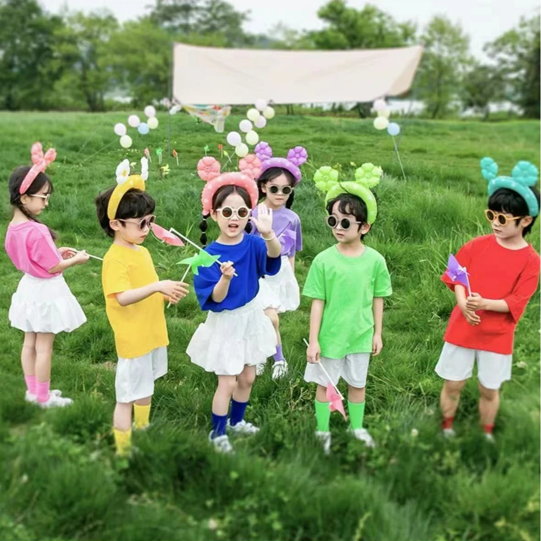 21182夏季新款童装儿童韩版纯色T恤男女童百搭短袖幼儿园班服