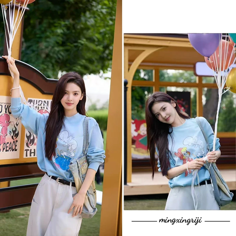 章若楠同款卡通印花卫衣2025年早秋新款宽松圆领趣味印花长袖上衣