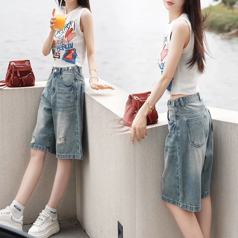 2025夏季新款洋气涂鸦无袖背心牛仔中裤子两件套女士百搭显瘦套装