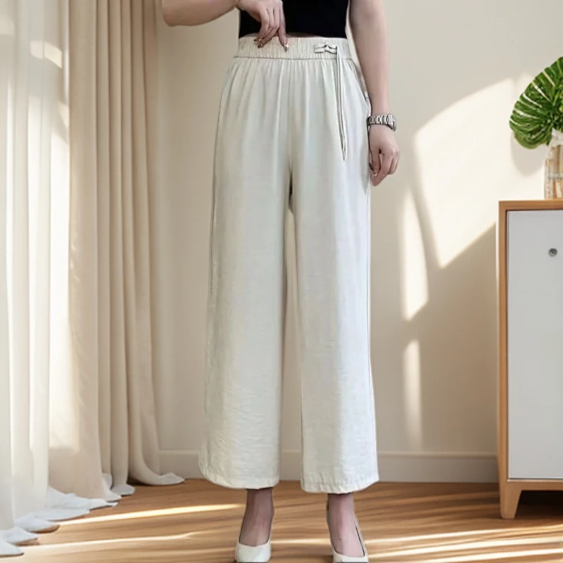 妈妈裤子夏季薄款透气百搭九分裤新款休闲宽松大码垂感中式阔腿裤