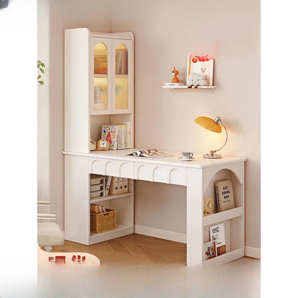 实木书桌书柜一体奶油风小户型卧室转角书桌电脑桌儿童书房学习桌