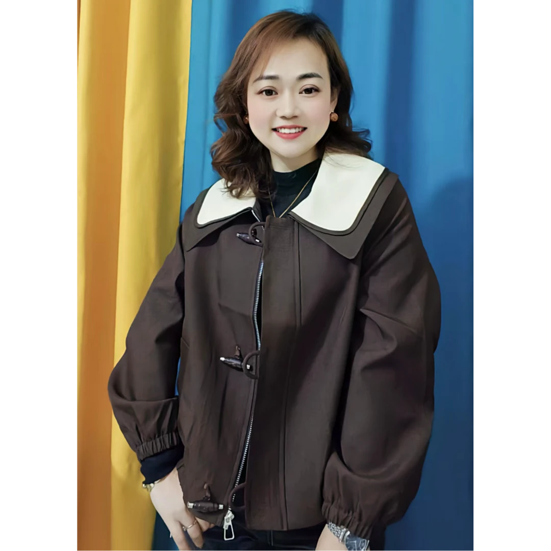 2025春装新款女士休闲时尚拼接撞色减龄娃娃领短款外套15