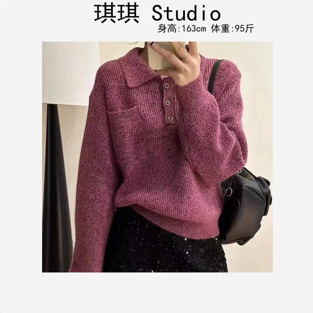 2025新年款轻奢高级感翻领半开扣气质舒适显瘦减龄针织毛衣-10
