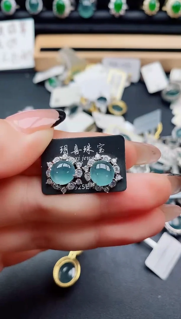 翡翠银S925镶嵌耳饰08050
