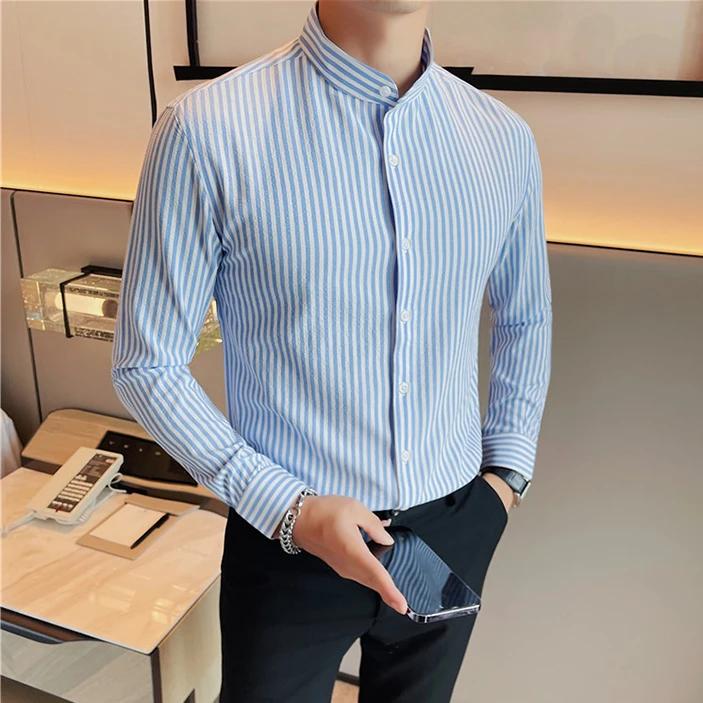 春秋季爆款男士长袖竖条纹衬衫帅气修身韩版潮流立领休闲衬衣