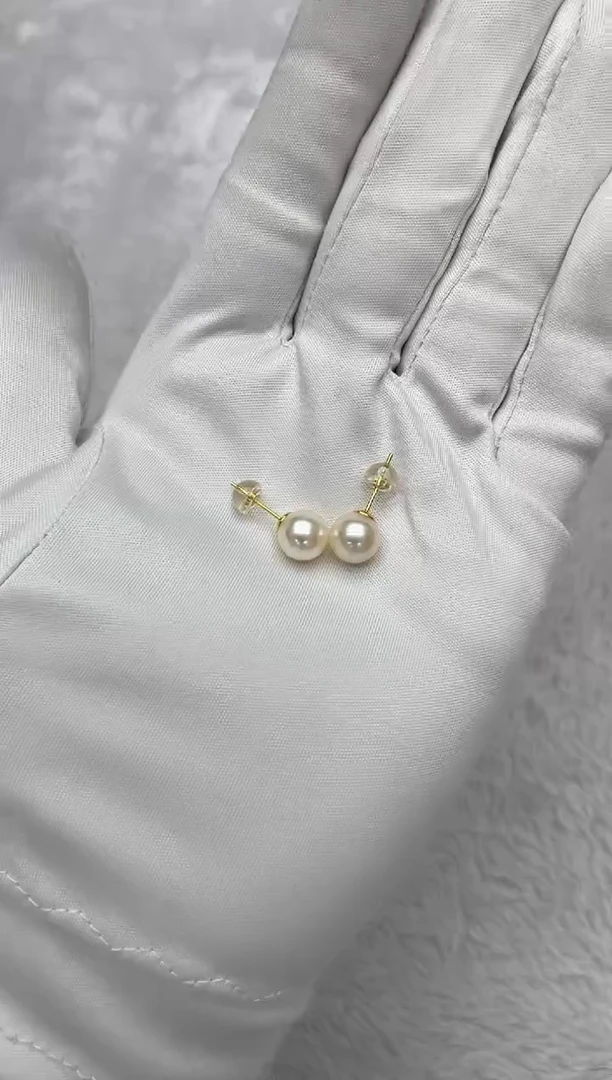 银S925镶嵌海水珍珠耳钉AK羽皇金素钉8-8.5mm