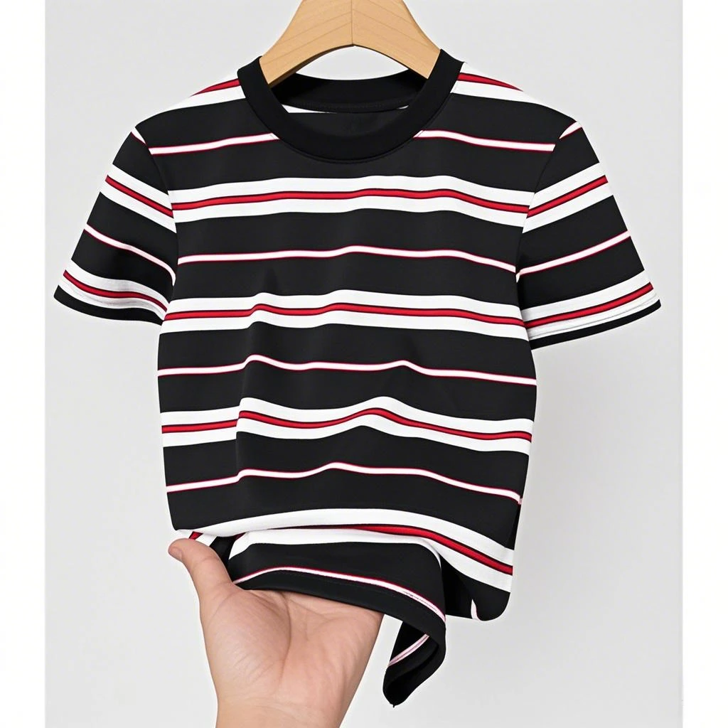 撞色条纹短袖T恤女高弹力95棉透气轻肤圆领潮ins风百搭上衣