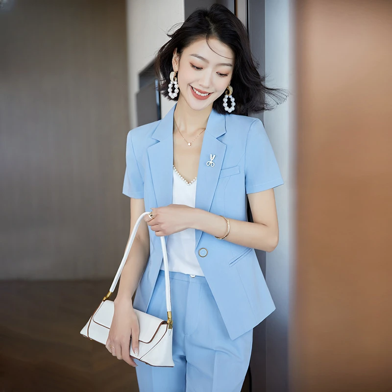 蓝色西装套装女夏季薄款短袖高级感休闲美容院职业装气质工作服夏