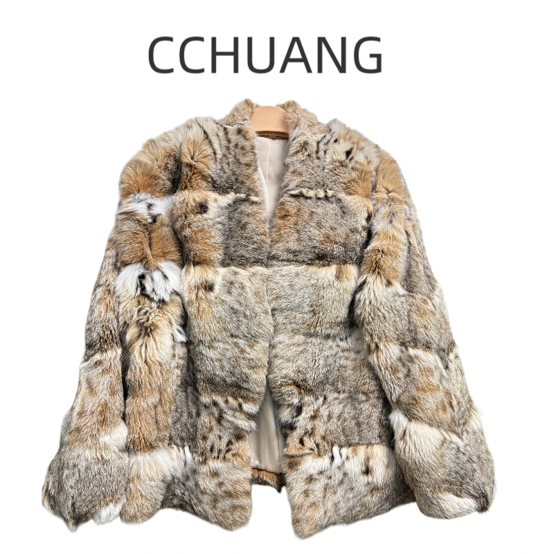 高端奢品短款皮草外套山猫纹V领时尚2025年新款进口裘皮上衣