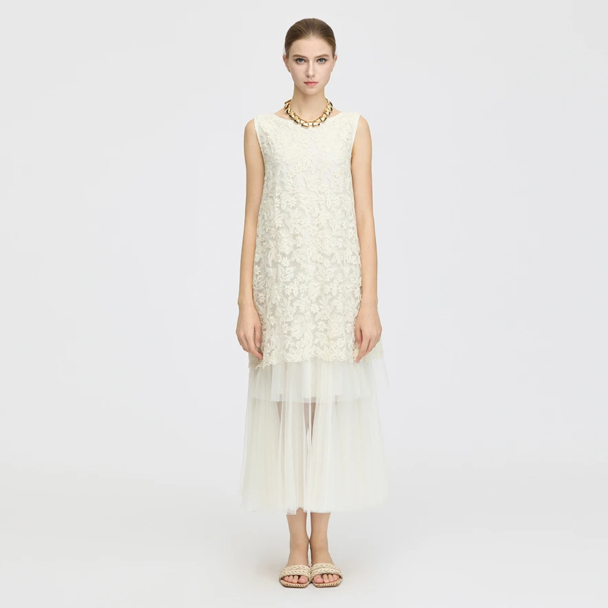 S·DEER圣迪奥无袖长裙夏季法式拼接气质仙气钩花连衣裙S252Z12F3