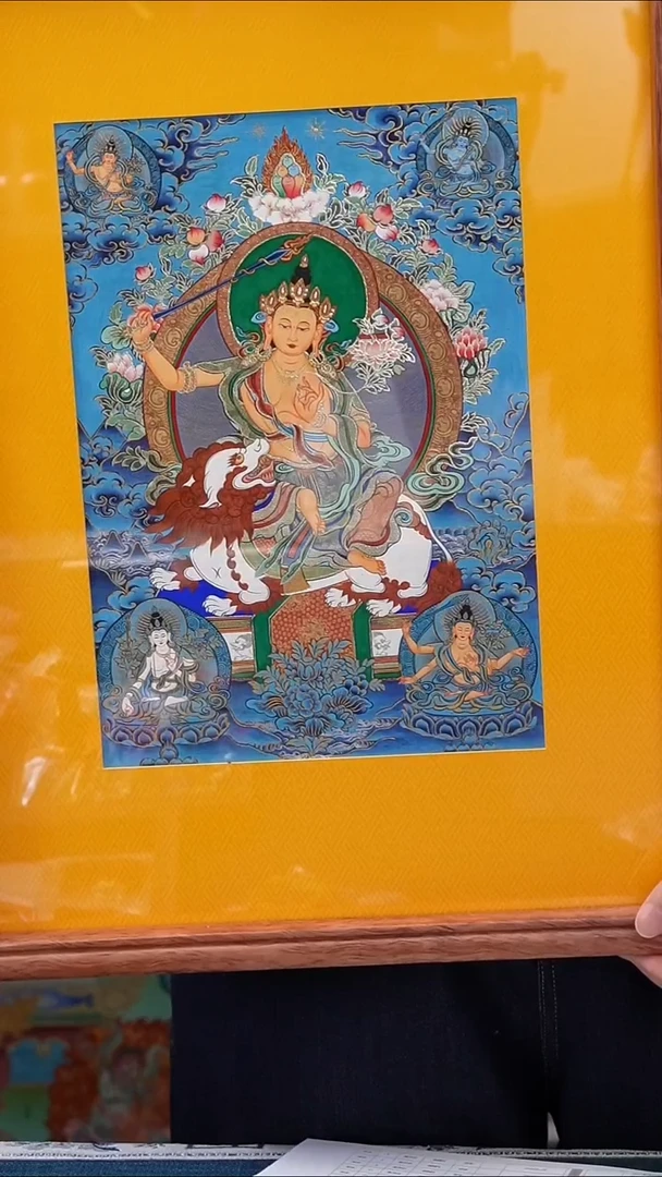 装裱画B1108GMD754手绘蓝唐彩绘桌摆五部文殊实木装裱