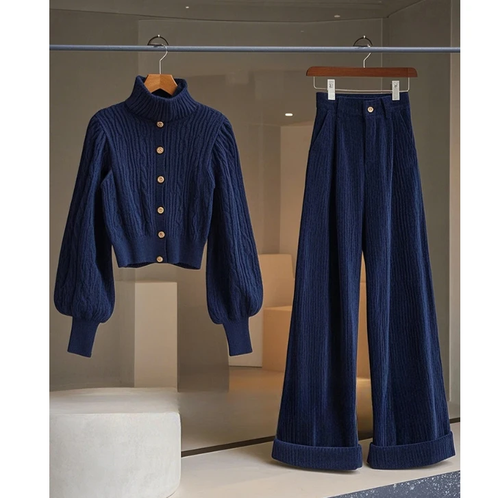 今年流行的爆款休闲藏青色灯芯绒直筒阔腿裤子女2025新款冬季长裤