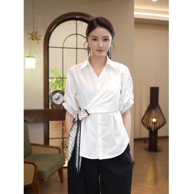 唐熹2025春夏季新款【7061】宽松气质设计感五分袖白色衬衫上衣女