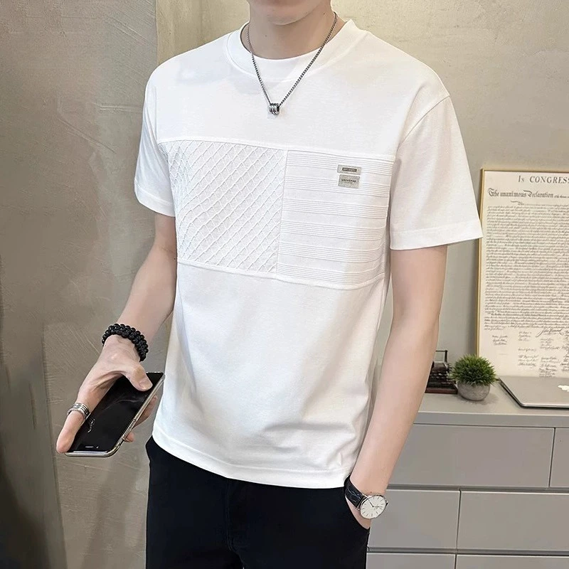 T恤夏季2025年新款男士薄款潮拼接短袖上衣夏季白色圆领半袖衫t恤