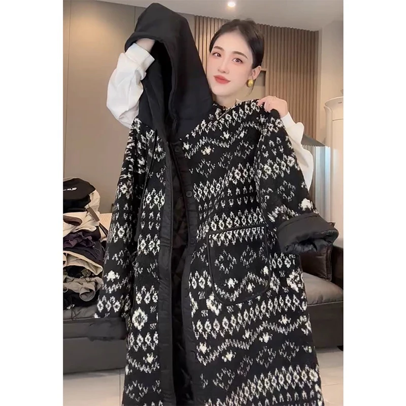 欧洲站2025冬季新款韩版百搭宽松过膝中长款连帽单排扣黑色外套潮