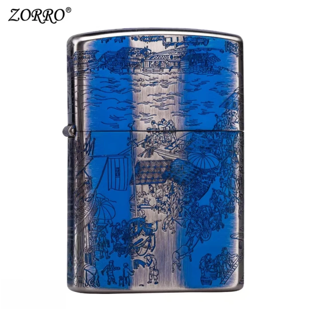 Z佐罗新款煤油打火机复古老式精雕熏蓝清明上河图个性火机送男士