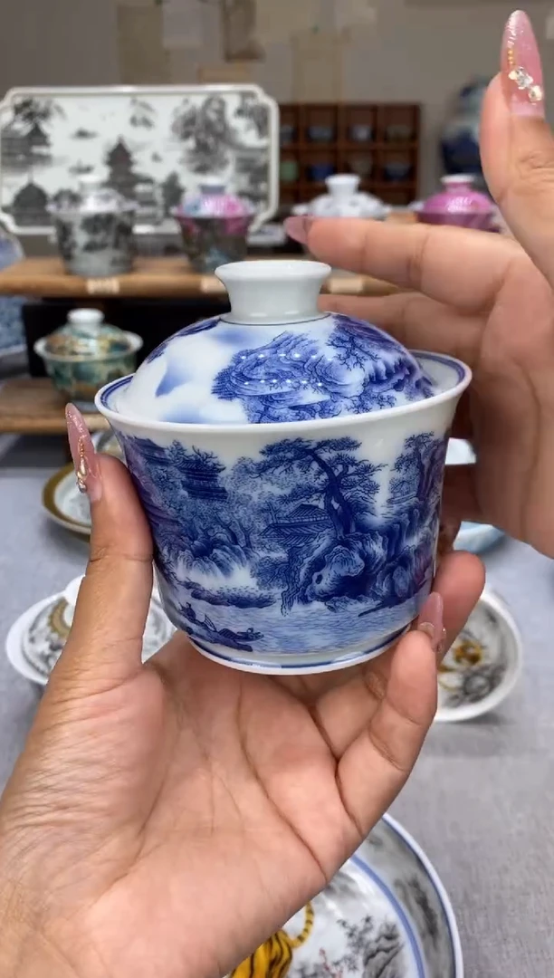 重工青花山水二才盖碗