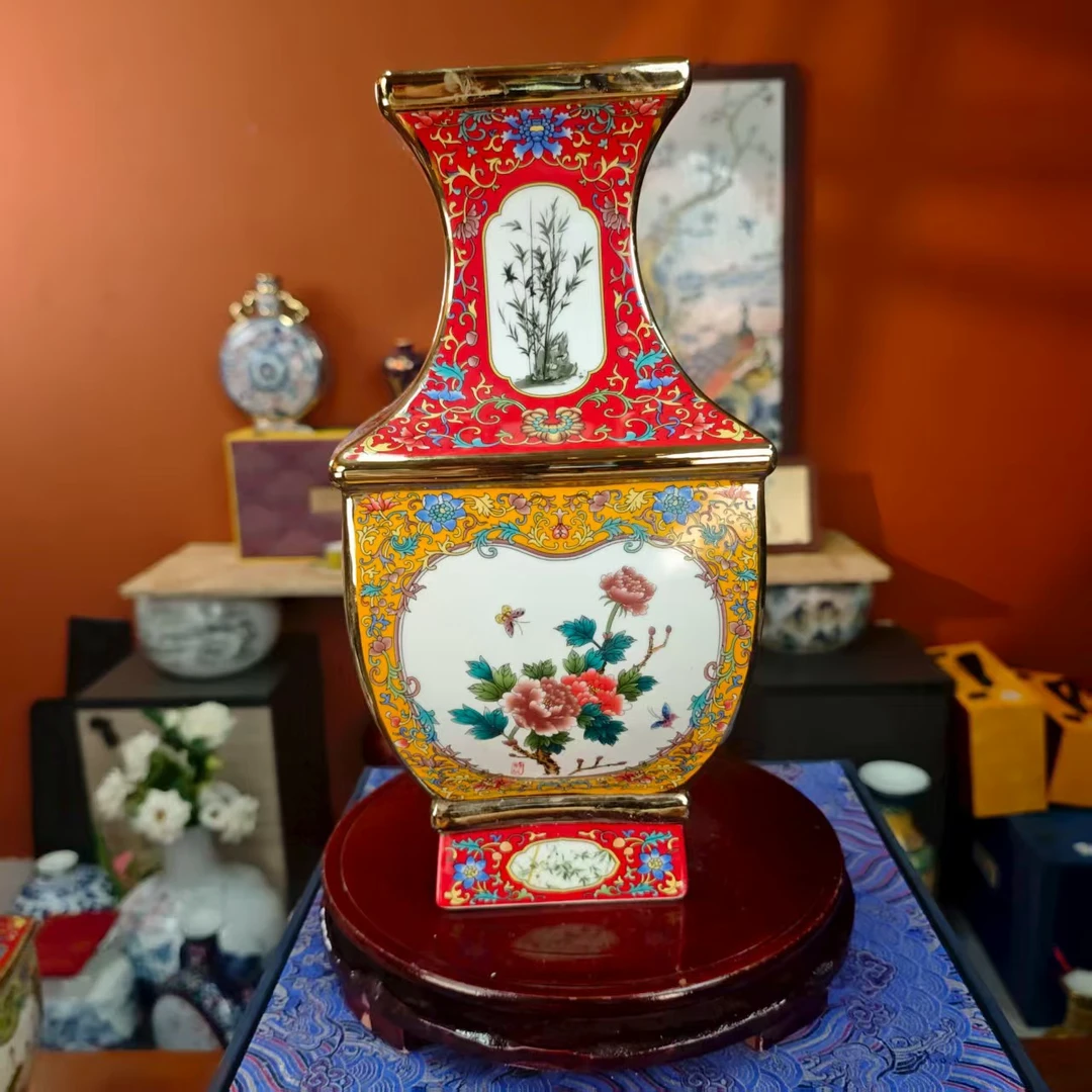 景德镇富贵梅兰竹菊红色高端古典粉彩瓷四方陶瓷花瓶摆件家居