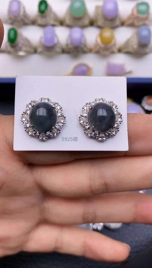 银S925镶嵌翡翠耳饰2688