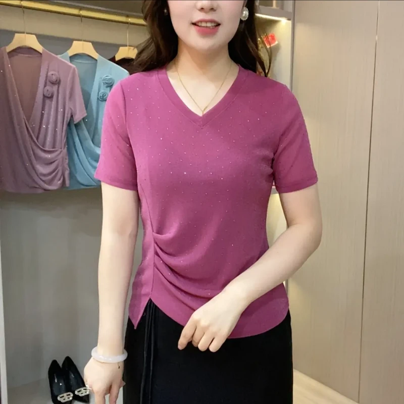 夏季时尚V领气质显瘦休闲修身纯色烫钻打底衫妈妈装上衣短袖
