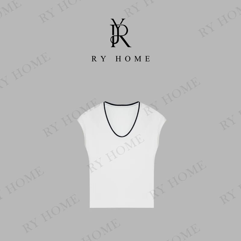 【容雨RYHOME】 莱赛尔羊毛混纺U领撞边简约时尚T恤252T1952