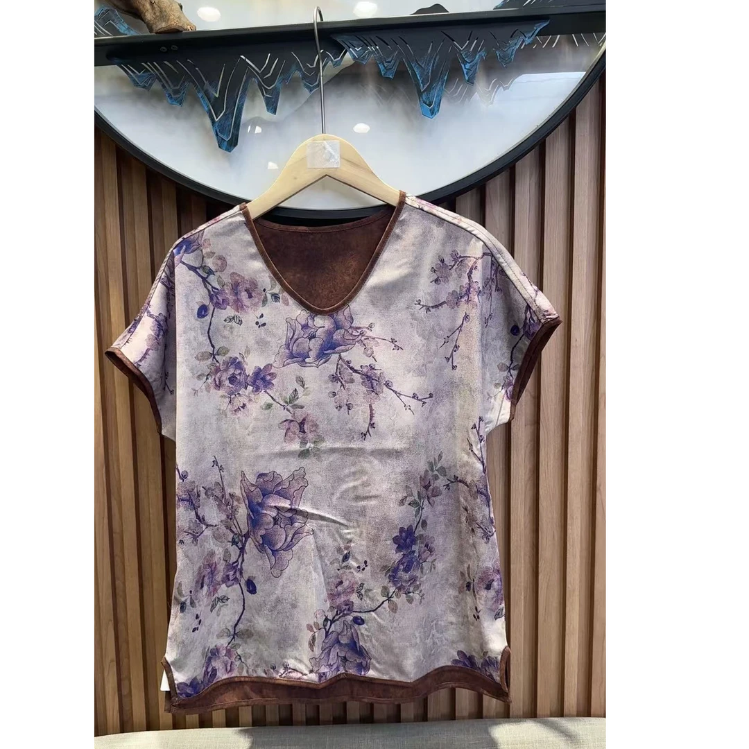 6353宽松型圆领复古双面中老年女装国风薄款夏季T恤印花重磅时尚