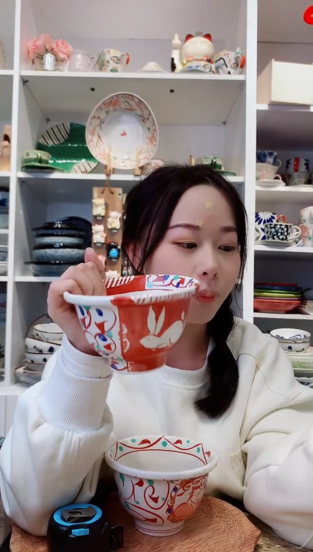 陶瓷濑户烧赤绘兔饭碗13cm