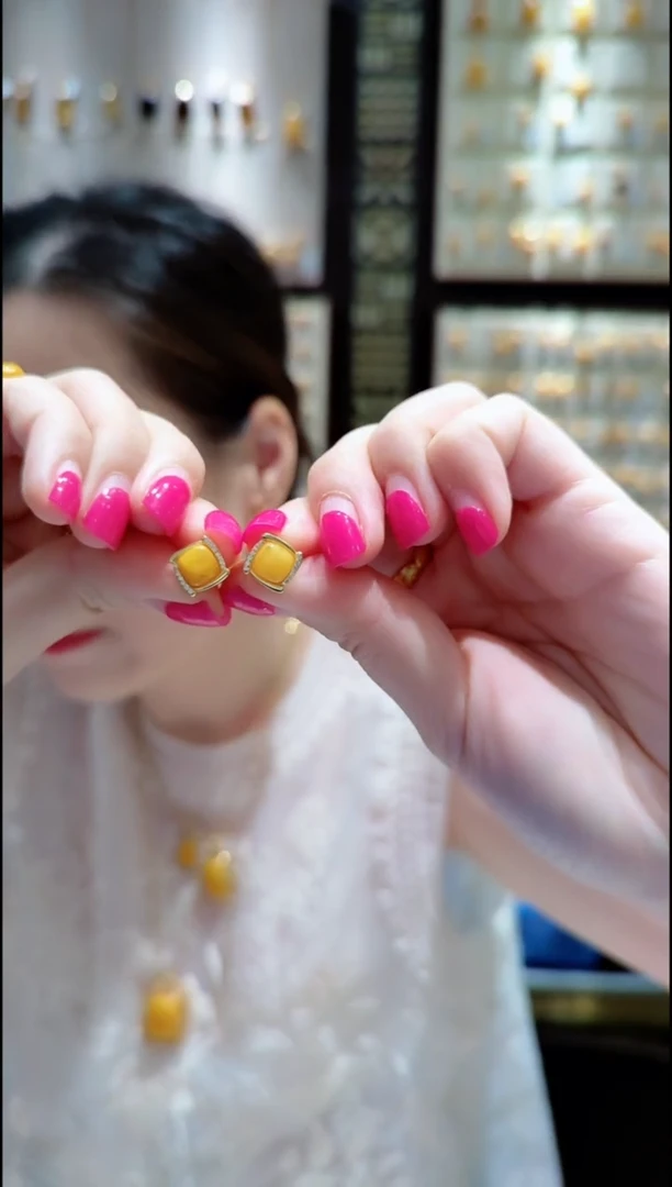 银S925镀金镶嵌蜜蜡耳饰﹣B390蜜蜡耳坠
