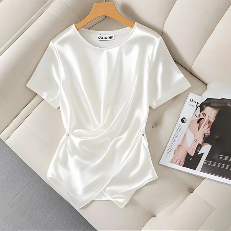 法式白色时尚减龄洋气T恤女2025夏季新款超火不规则收腰短袖上衣