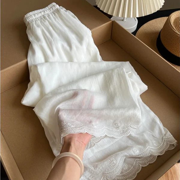 【会呼吸的裤子】纯色蕾丝边高腰遛弯裤女2025年夏季亲肤睡裤可外穿