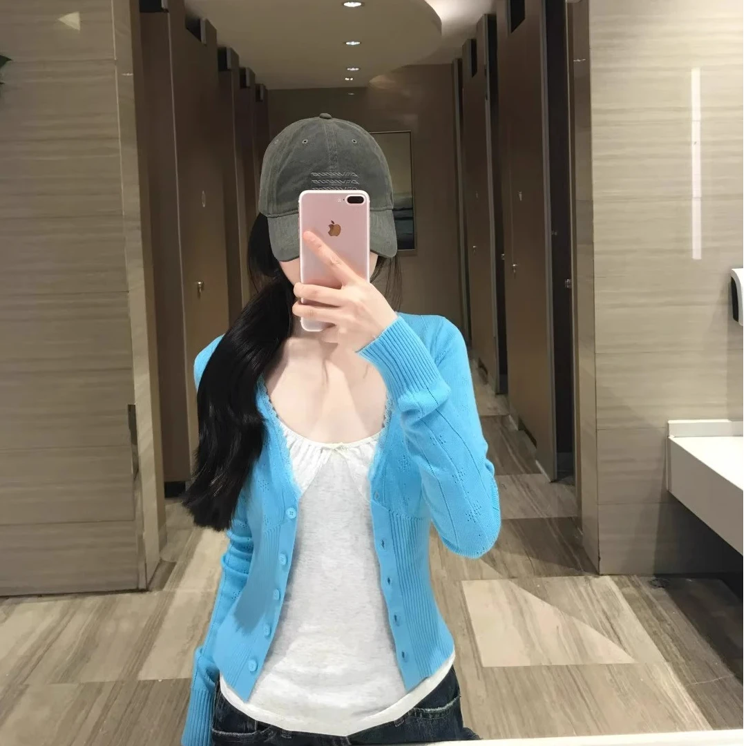 温柔风蓝色V领针织开衫女春季2025新款慵懒软糯修身显瘦短款外套