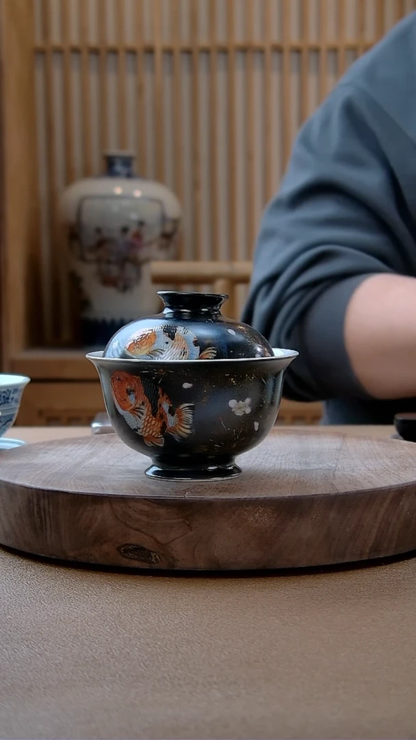 【闪购商品】周子鹤黑色烟花鱼盖碗