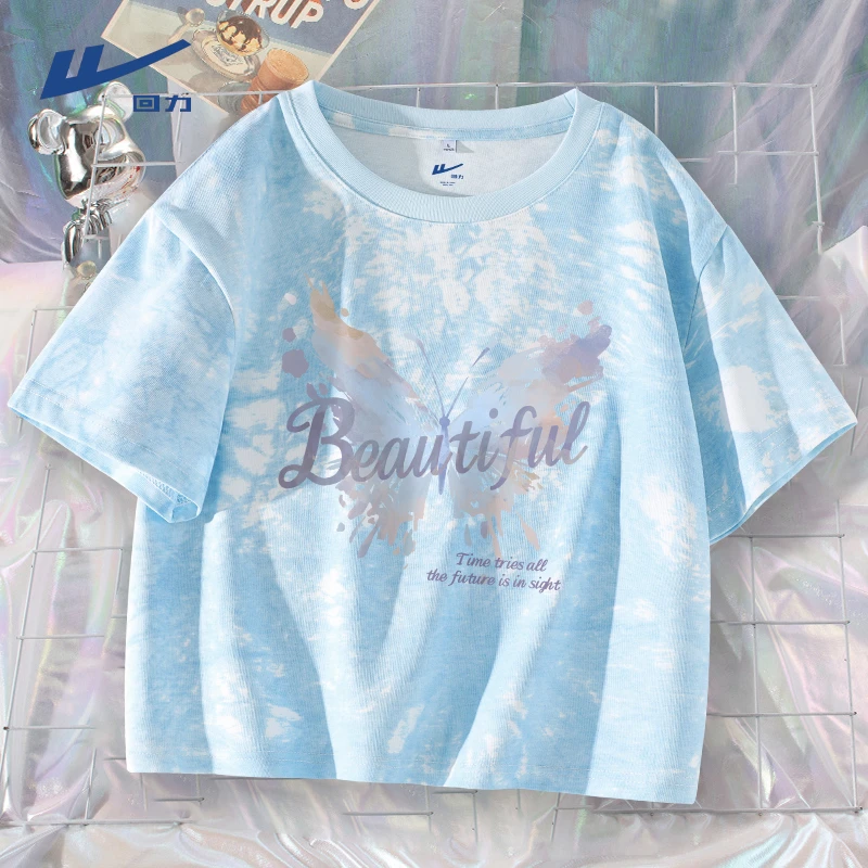 Warrior/回力半袖百搭扎染纯棉女T恤印花短款短袖扎染学生夏季T恤