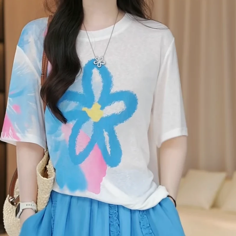 【湛夏花语】夏季显瘦时尚洋气新款小花图案短袖T恤LK2505108