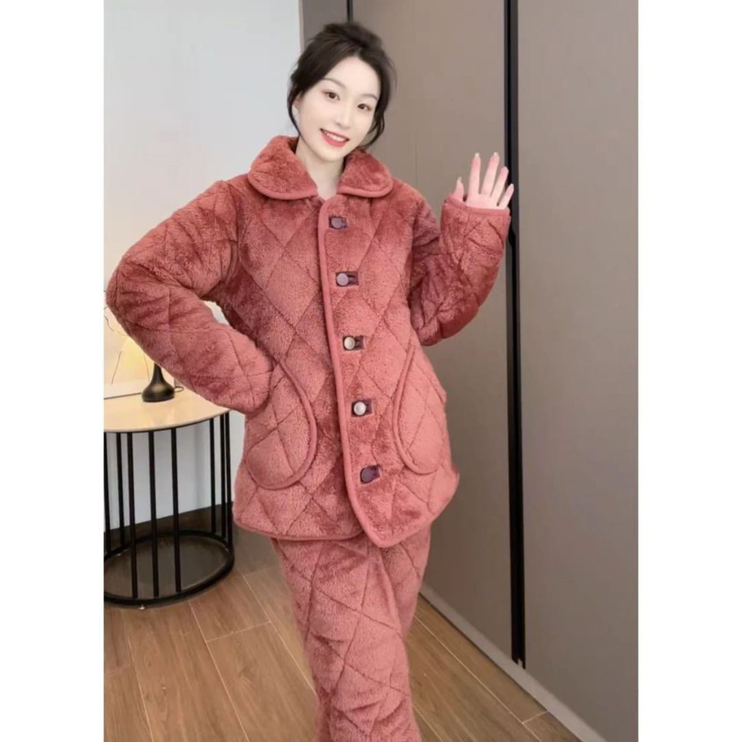 秋冬季珊瑚绒睡衣女三层夹棉加厚加绒2024新款保暖红色家居服套装