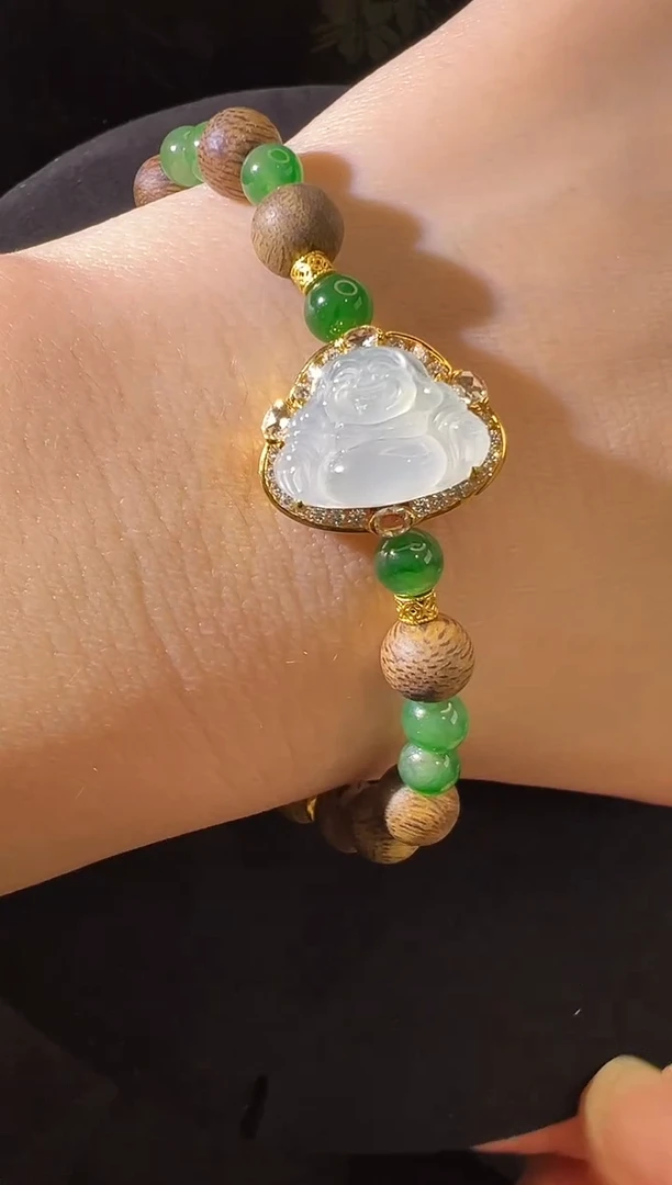 18K金镶嵌手链翡翠玻璃种白冰佛公手串